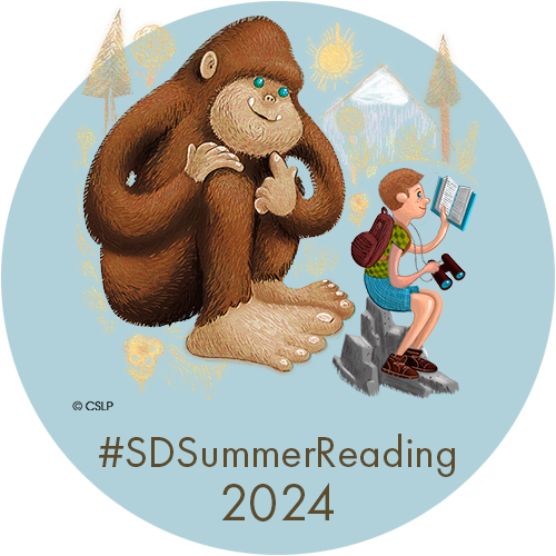 hashtag SD Summer Reading 2024 boy with book, backpacks, binoculars and gorilla