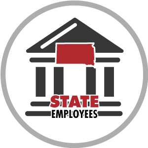 building icon with south dakota shape and words state employees