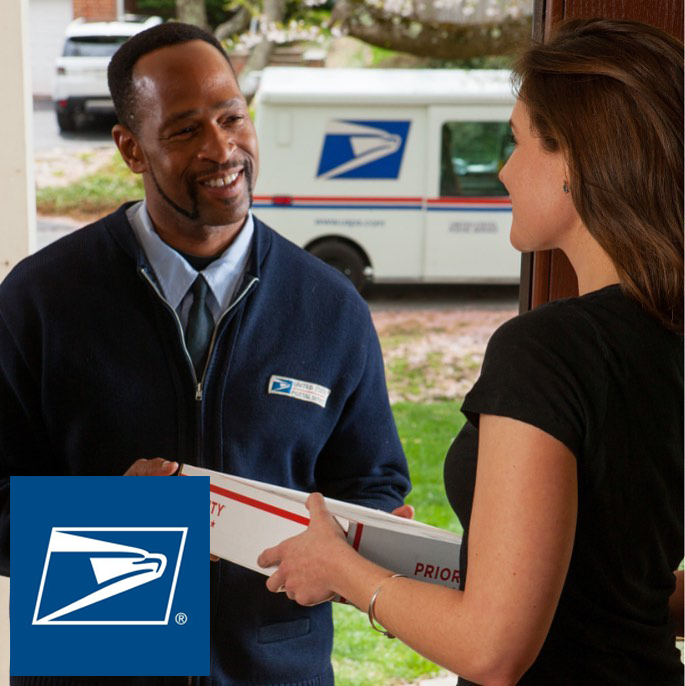 united state postal service carrier person with package at door