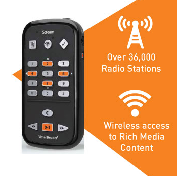 Victor Reader Stream item with orange background feature over 36k radio stations and wireless access to rich media content