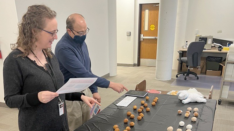 State Library staff look over braille donut hole display