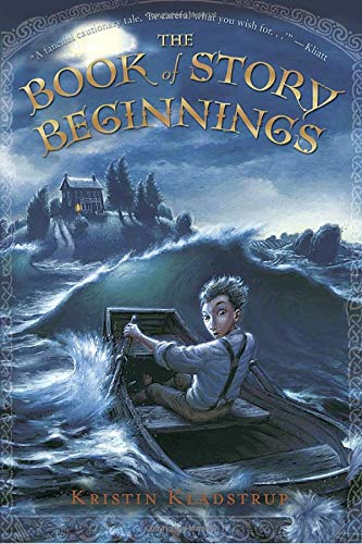 Book of Story Beginnings book cover. artwork of boy rowing boat in rocky waters