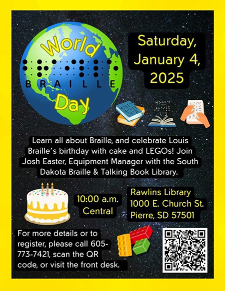 World Braille Day - saturday january 4 2025 event. learn all about braille and celebrate louis braille's birthday with cake and Legos.