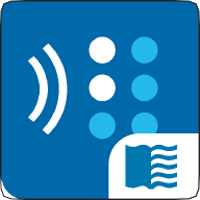 ICON: BARD app logo. Blue background, white sound waves to 6 dot braille and LOC book / flag logo