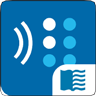 ICON: BARD app logo. Blue background, white sound waves to 6 dot braille and LOC book flag logo