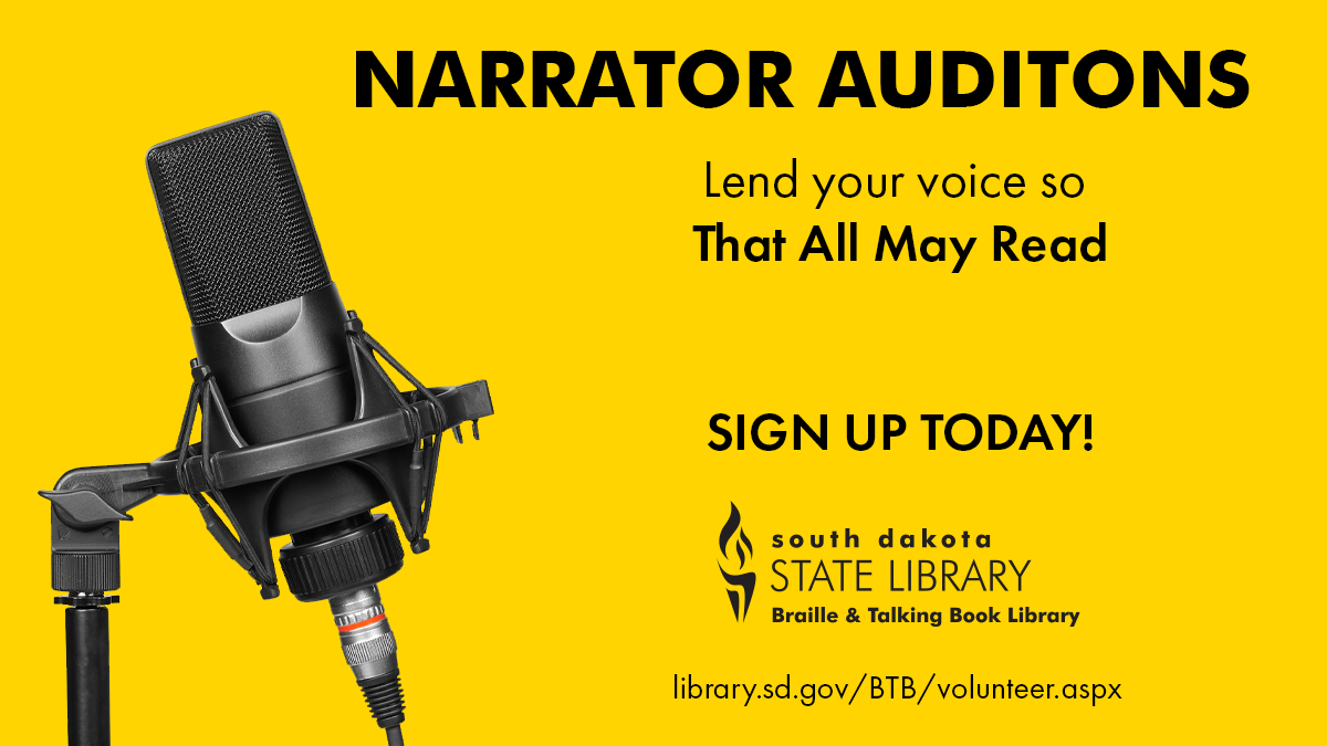  microphone on yellow background. narrator auditions lend your voice so that all may read. sign up today. Braille and talking book library logo.