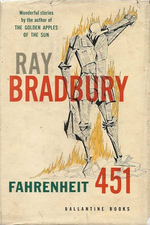 First edition book cover shows a drawing of a man, who appears to be made of newspaper and is engulfed in flames, standing on top of some books.