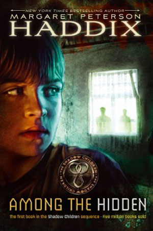 book cover features artwork of teen looking over shoulder at window with two looming figures. 