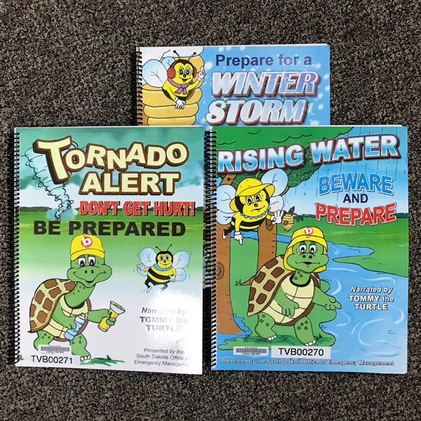 published by south dakota office of emergency management, tommy the turtle narrates these three books about preparing for winter storms, tornados, and rising water