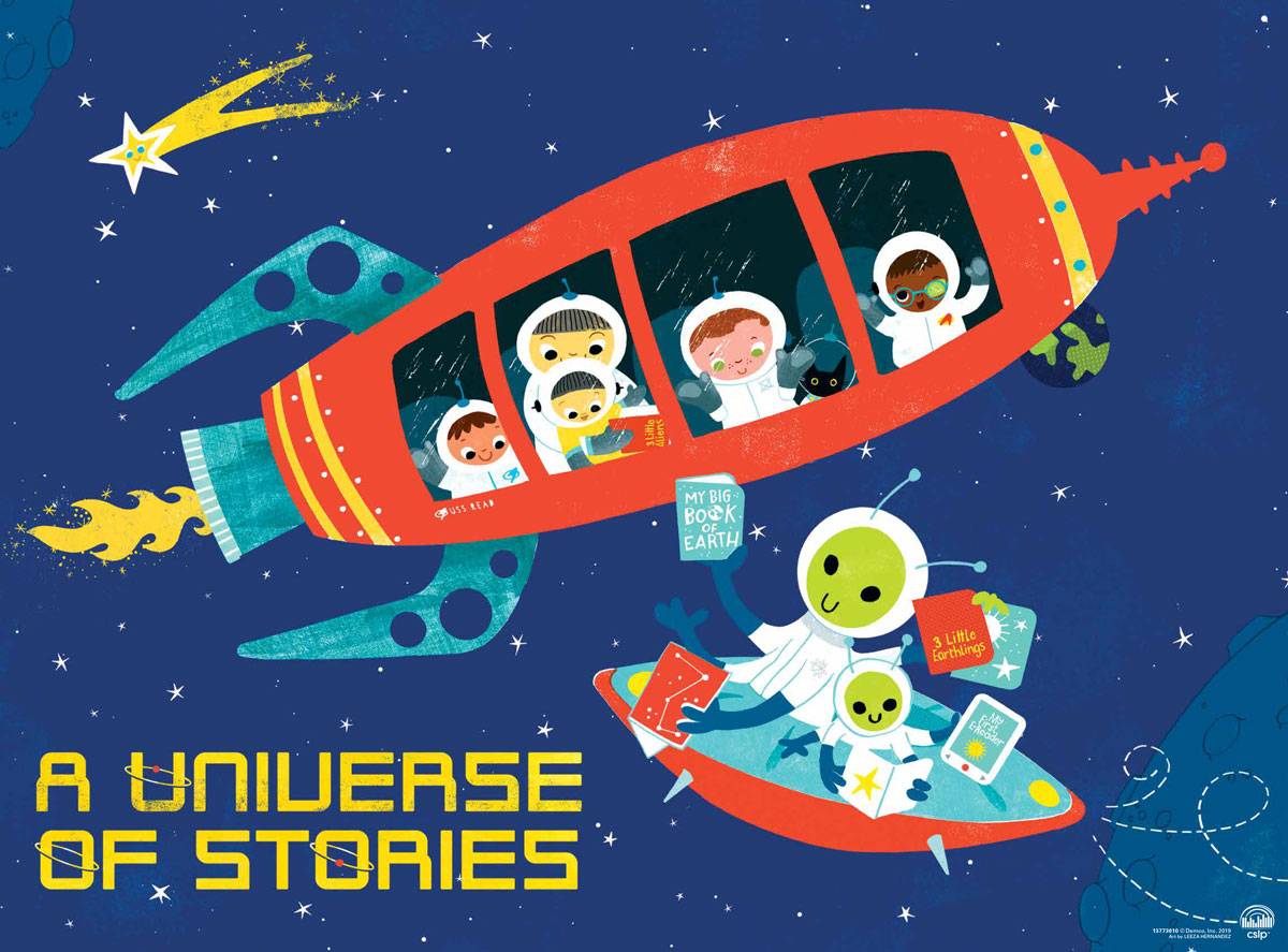 universe of stories summer reading theme featuring kids and aliens in space ships with books