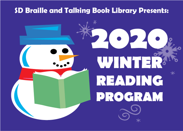 2020 winter reading program banner featuring snowman reading book