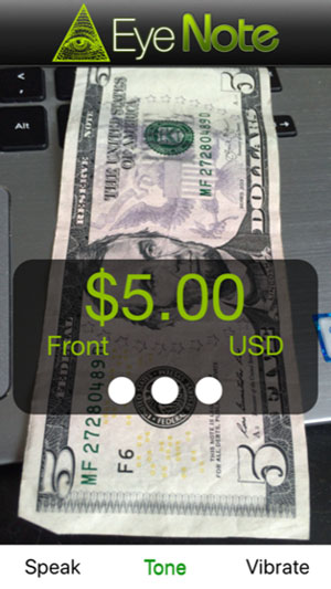 screenshot of eye note app identifying a five dollar bill
