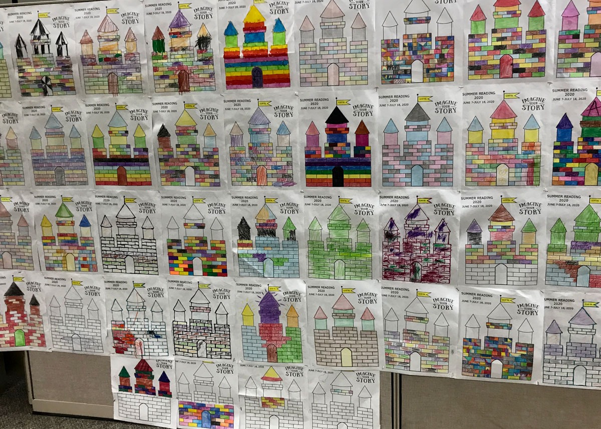 wall of colorful castles submitted through the summer reading program