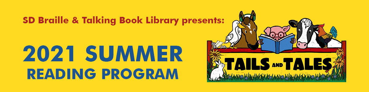 2021 summer reading program banner tails and tales includes artwork of farm animals reading a book