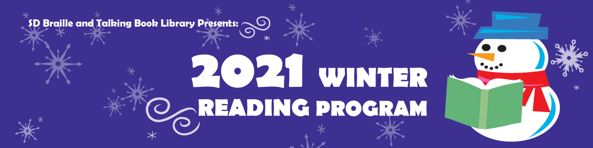 2021 winter reading program banner with snowman reading book