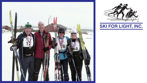 ski for light logo with picture of four people with ski equipment at winter cabin
