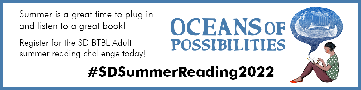 SUMMER reading program banner with woman reading about boats with words Oceans of Possibilities