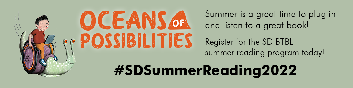 SUMMER reading program banner with child reading while riding a snail with words Oceans of Possibilities