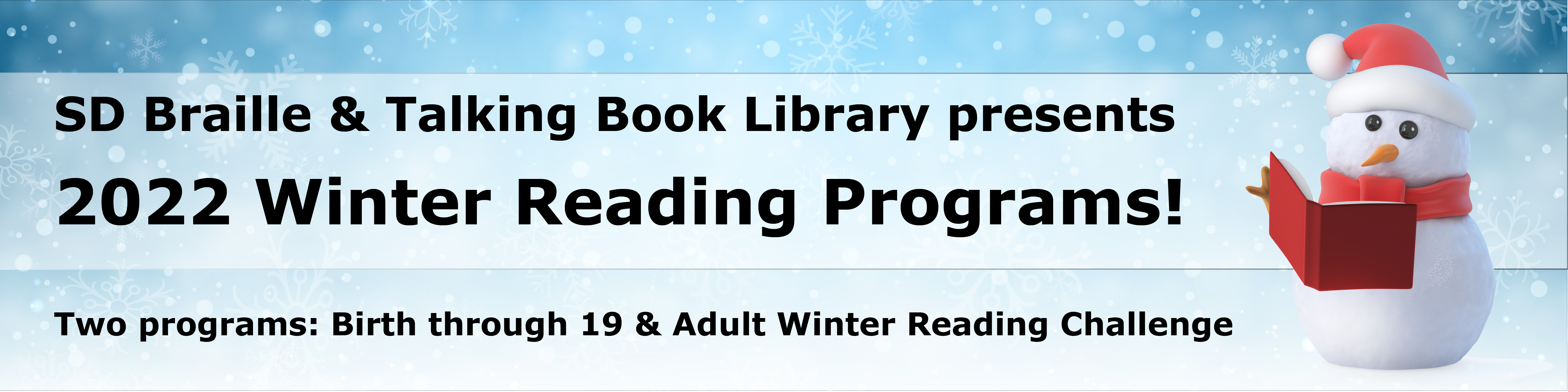 winter reading program banner with snowman reading a book