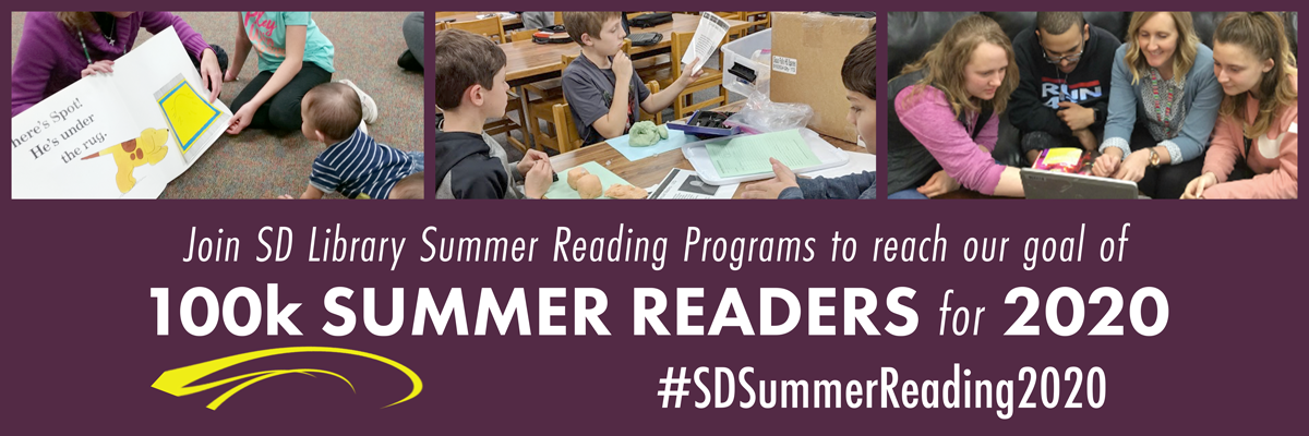 100 thousand summer readers for 2020 banner featuring photos of kids of all ages reading or being read to