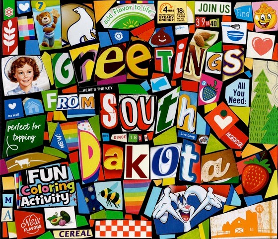 colorful collage with spelling out greetings from south dakota