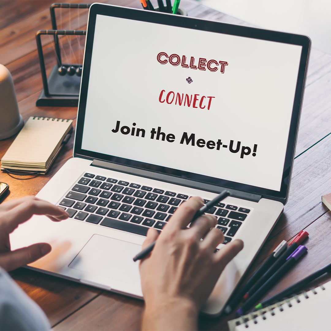 collect plus connect join the meet up. hands on laptop