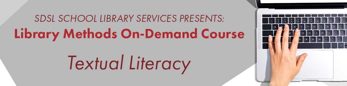 hand and laptop. School library services presents library methods on-demand course. textual literacy