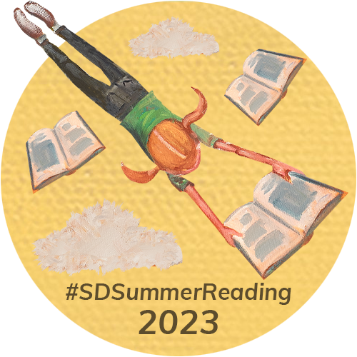 hashtag SD Summer Reading 2023 girl flying with books and clouds