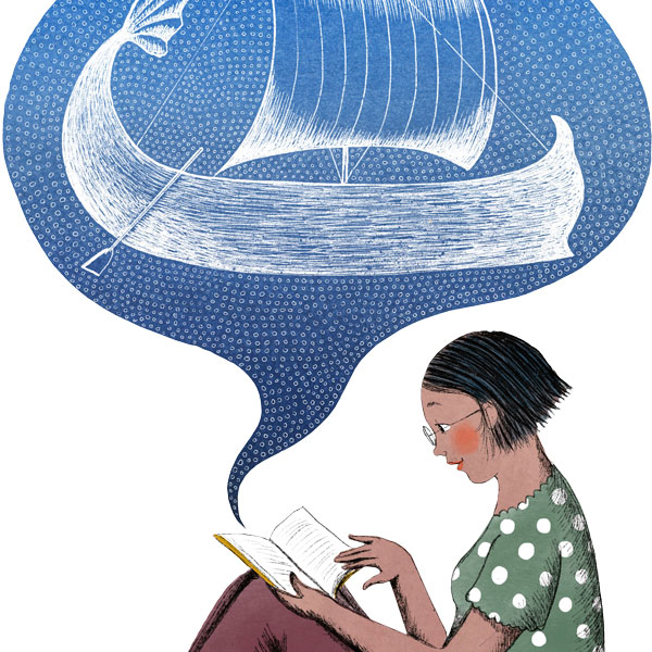 c s l p art woman reading book thinking about a boat