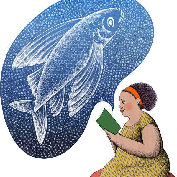 c s l p art older woman with book on fish