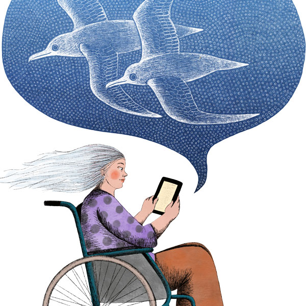 c s l p art older woman with e book on about sea gulls