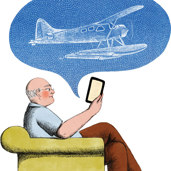 c s l p art man with e reader about airplane