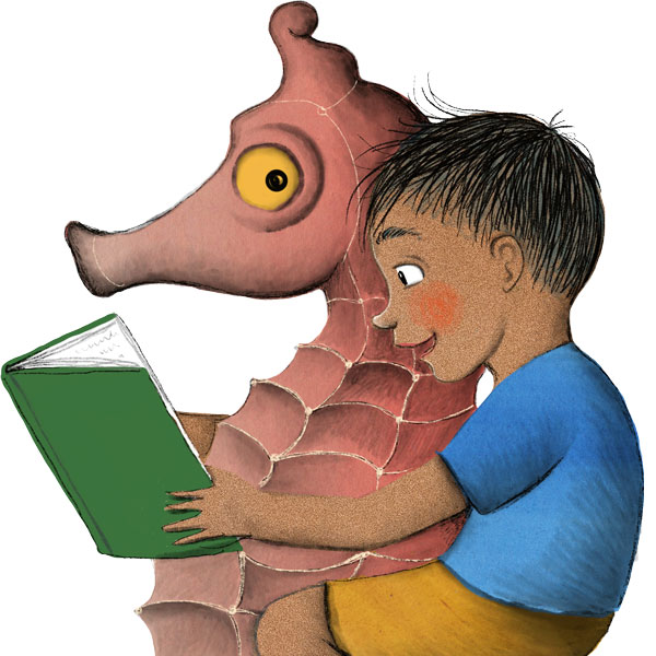 c s l p art boy reading book with sea horse