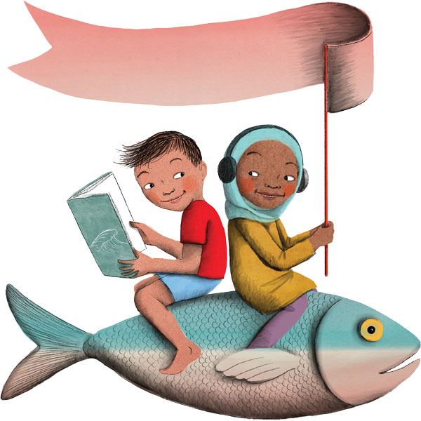 c s l p art two children on fish reading book and holding flag