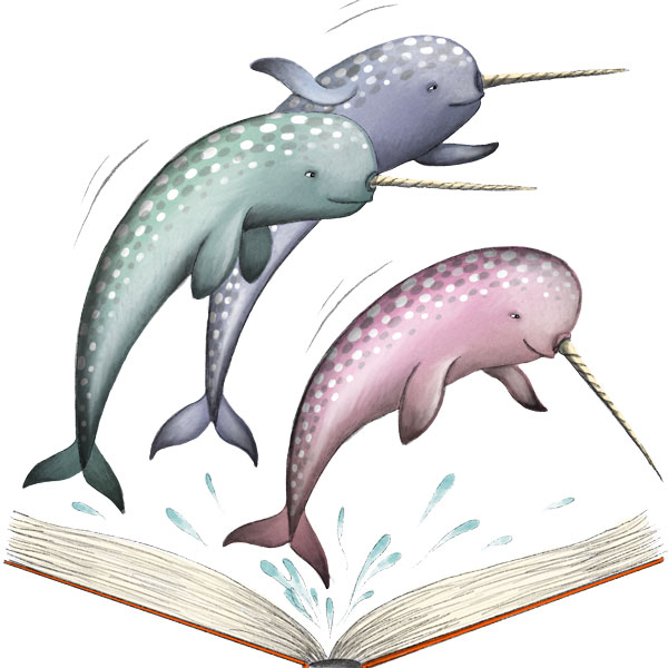 c s l p art three narwhals jumping out of book