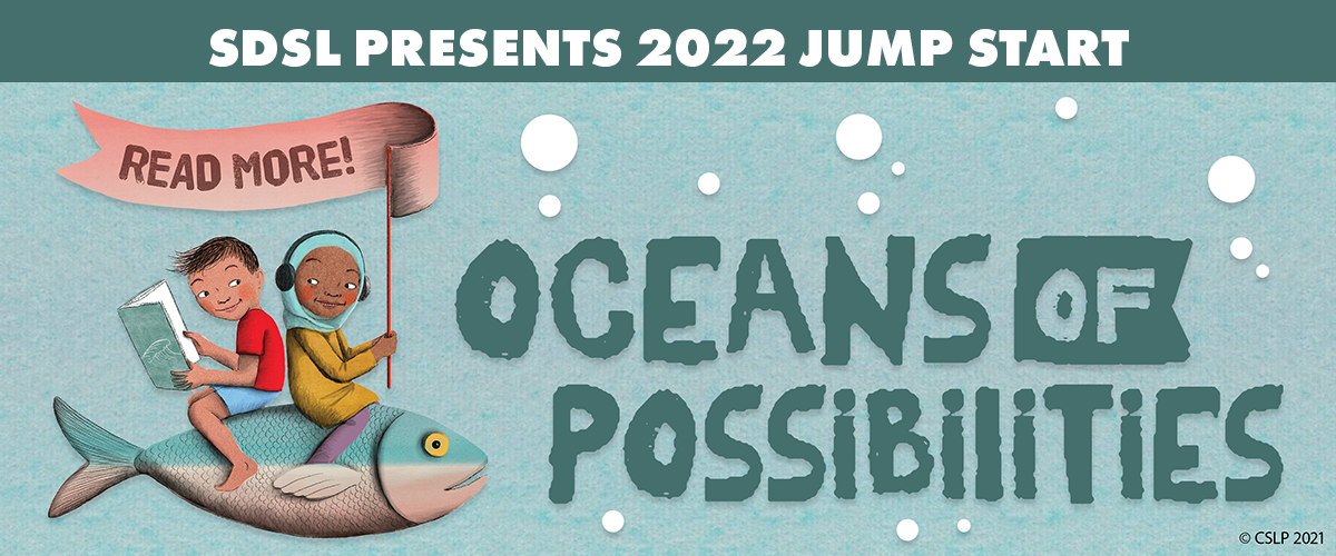 sdsl presents 2022 jump start. oceans of possibilities. two reading kids sitting on a fish swimming under water