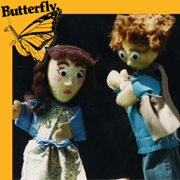 puppets of girl and boy framed with yellow butterfly theatre logo