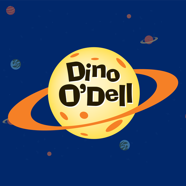 space image featuring planet with rings and words dino o dell logo