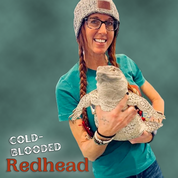 redheaded woman holding large reptile lizard including words cold blooded red head
