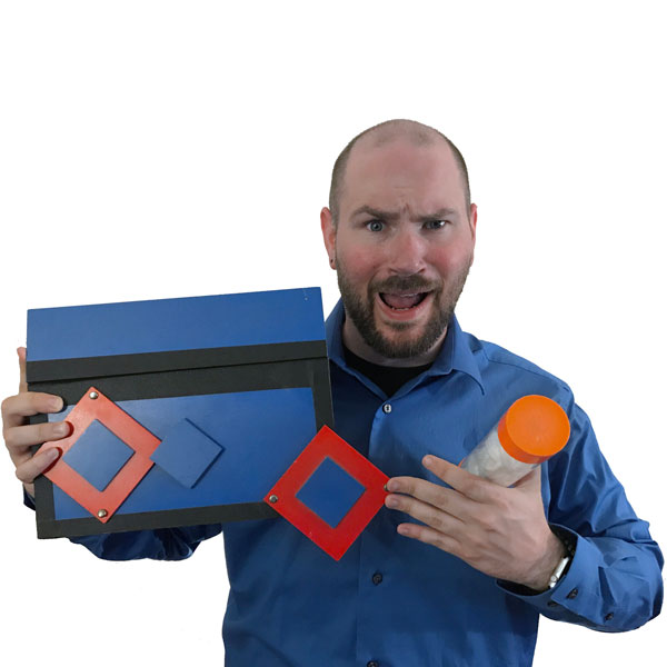 man with colorful box looking surprised