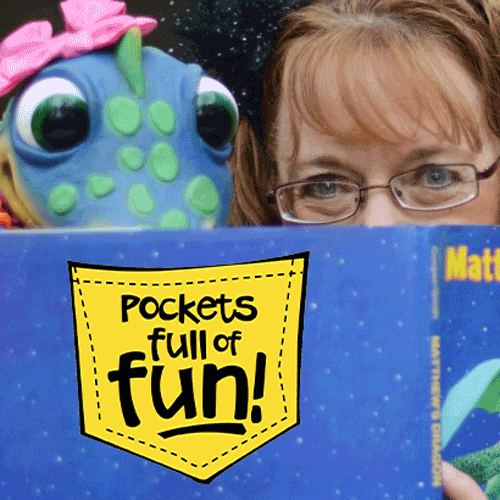 puppet and woman reading book with pockets full of fun logo