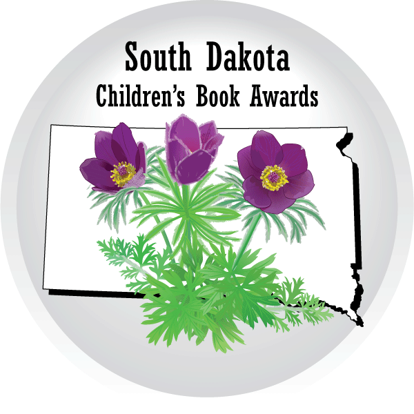 south dakota childrens book awards silver medal with three pasque flowers in front of SD shape