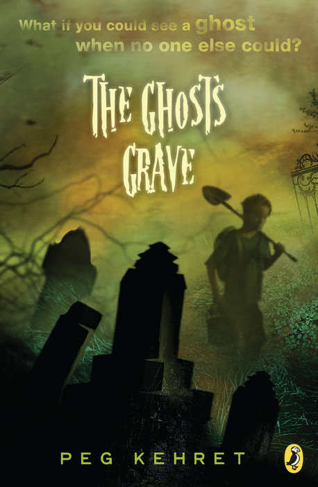 book cover of the ghosts grave features teen with shovel in cemetary