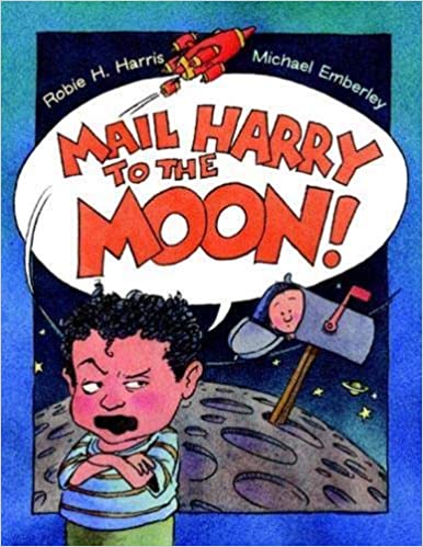 book cover of mail harry to the moon features baby in mailbox