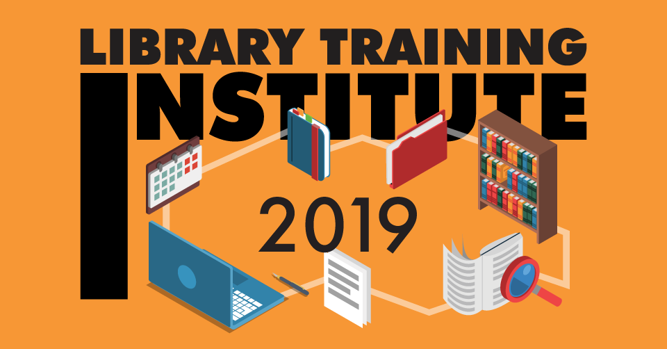 Library Training Institute 2019 logo - orange with book shelves, papers, calendar, computer