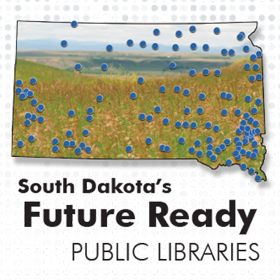image of south dakota shaped photo of prairie grasses with blue dots representing public libraries