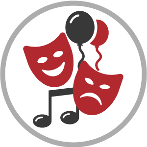 icon with balloons masks and music notes