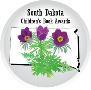 LOGO: South Dakota Children's Book Awards - white shape of south dakota with three pasque flowers - in three growth stages
